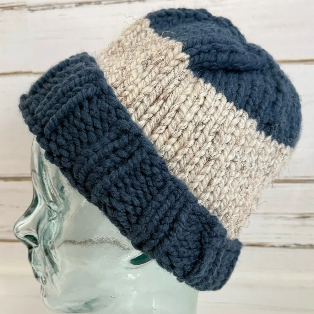 Handmade Knit Beanie • Navy & Cream Colorblock • Cozy Winter Hat